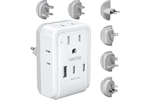 VINTAR Universal Travel Adapter Kit, International Power Adapter with 3 USB Ports (2 USB C) 4 AC Outlets, Type A,C,G,D,I,M Detachable Attachments, Travel Adapter Worldwide for US/EU/UK/India/Africa