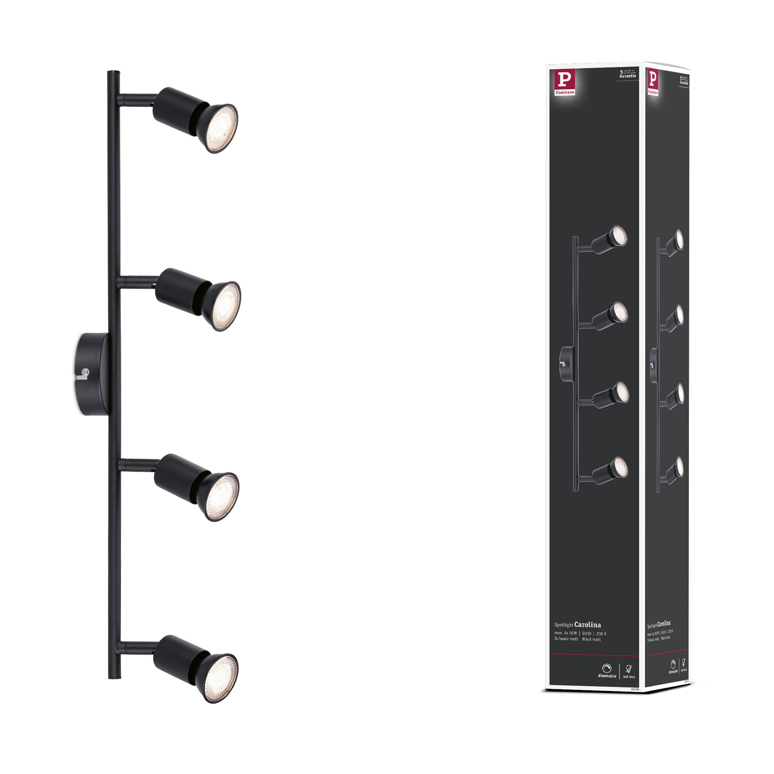 Paulmann Carolina 66758 Spotlight 4-Bulb Max. 4 x 10 Watt Ceiling Light Black Matt Metal GU10 Ceiling Spotlight Without Bulb