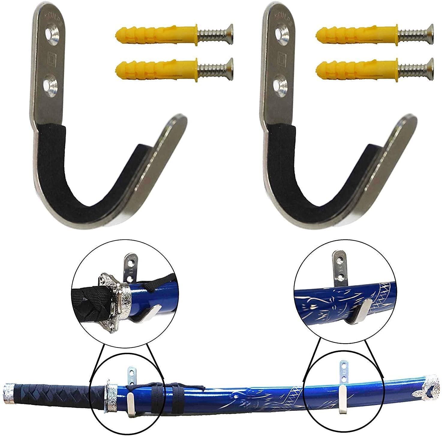 AUXPhome Sword Display Rack Sword Wall Mount Sword Wall Rack Sword Holder Sword Stand Sword Bracket Hanger Hanging Hooks Sword Storage - Metal Hook with Felt Strips - 2/PK – No Scratches