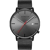 JIANDUN Mens Ultra-Thin Minimalist Wrist Watches for Men Dress Stainless Steel Mesh Band Waterproof(Black - Black face red Second)