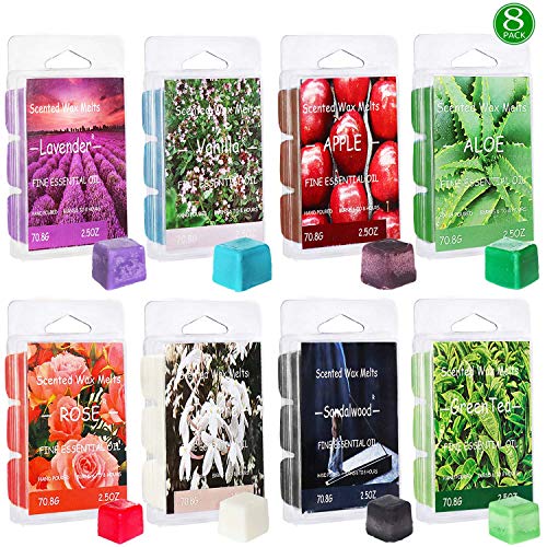 Scented Wax Melts (8 x 2.5 oz) Natural Soy Wax Cube with Essential Oils for Warmer Cubes/Tarts - Apple, Aloe, Green tea, Sandalwood, Rose, Vanilla, Jasmine, Lavender