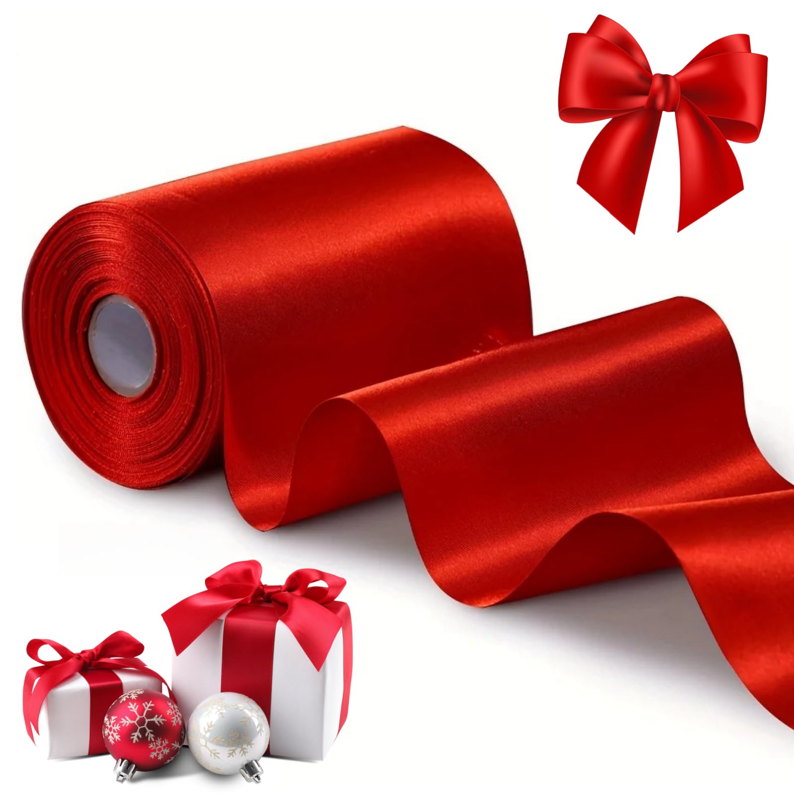 Lilibeila Red Satin Ribbon Wide Thick Business Ribbon Cuttings Satin Fabric Present Ribbon for Crafting Gift Wrapping Floral Bouquet Cake Decoration Hair Bows（4 Inch x 27 yd）