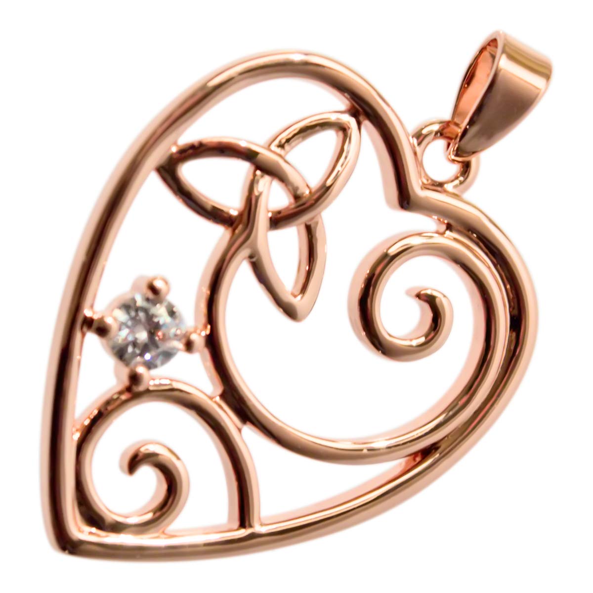 GWG Jewellery 18K Rose Gold Coated Filigree Heart with Celtic Trinity Knot and Round Diamond Clear Stone Pendant Necklace in Gift Box for Women