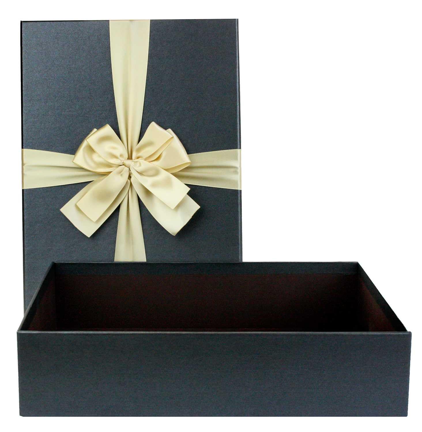 Emartbuy Black Rigid Gift Box with Ribbon – 29 x 21 x 9 cm – Luxury Cardboard Presentation Box | Premium Packaging for Hampers, Birthdays, Weddings, Corporate Gifting