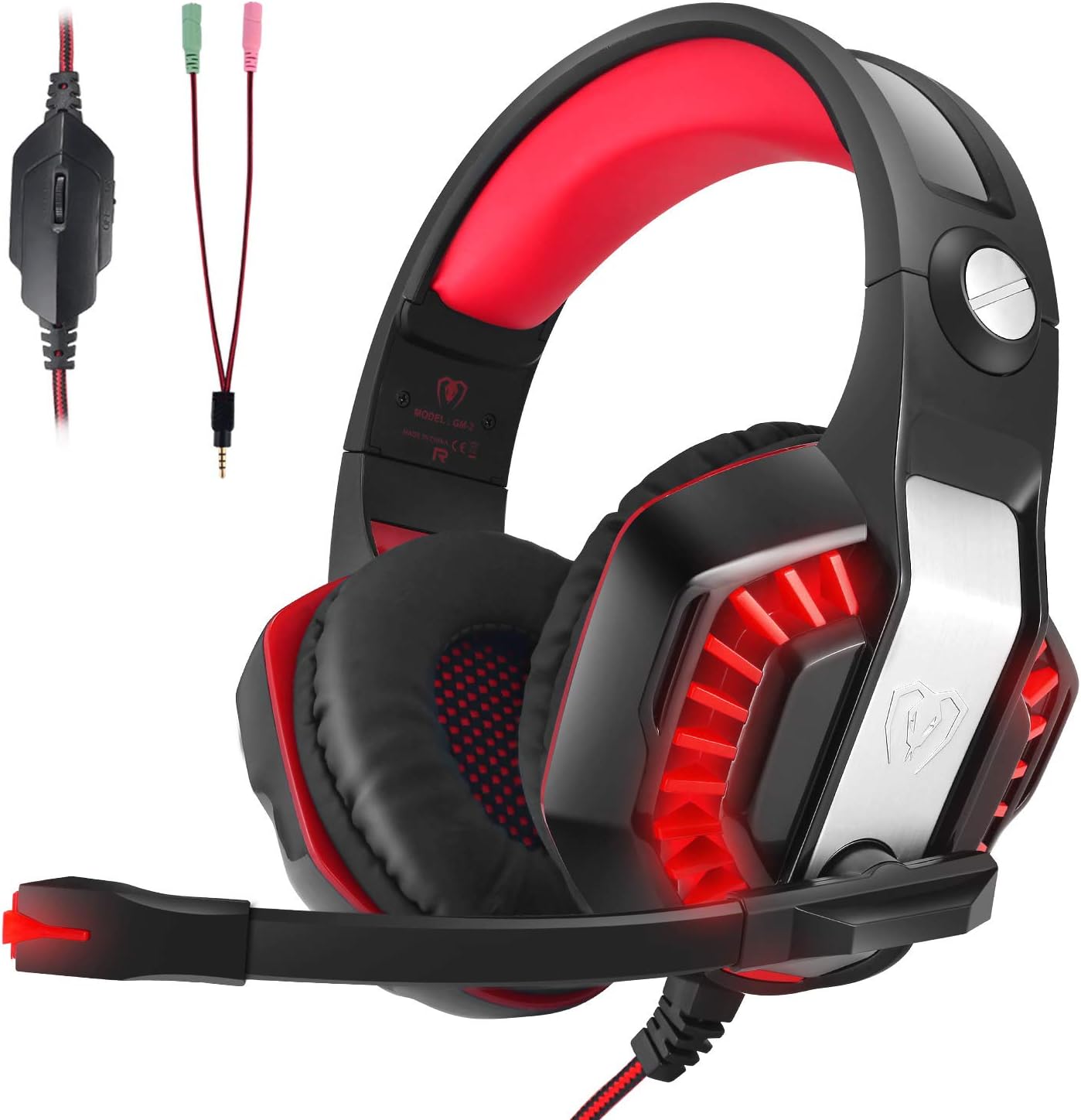 CHEREEKI Gaming Headset for XBOX ONE, PS4, Nintendo Switch, Desktop, Mobile, Tablet, Laptop, Wired Over-head Stereo Gaming Headphones with Mic Noise Cancellation Volume Control LED Lighting