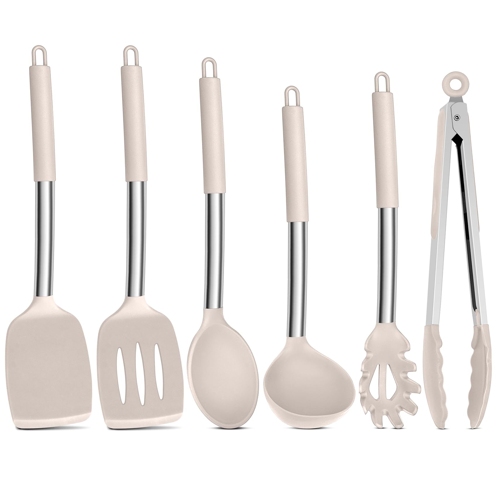 Onader Silicone Kitchen Utensils Set, 6 Pieces Stainless Steel Handle Cooking Utensils, Kitchen Cooking Tools for Non-Stick Cookware, Heat Proof & Dishwasher Safe - Khaki