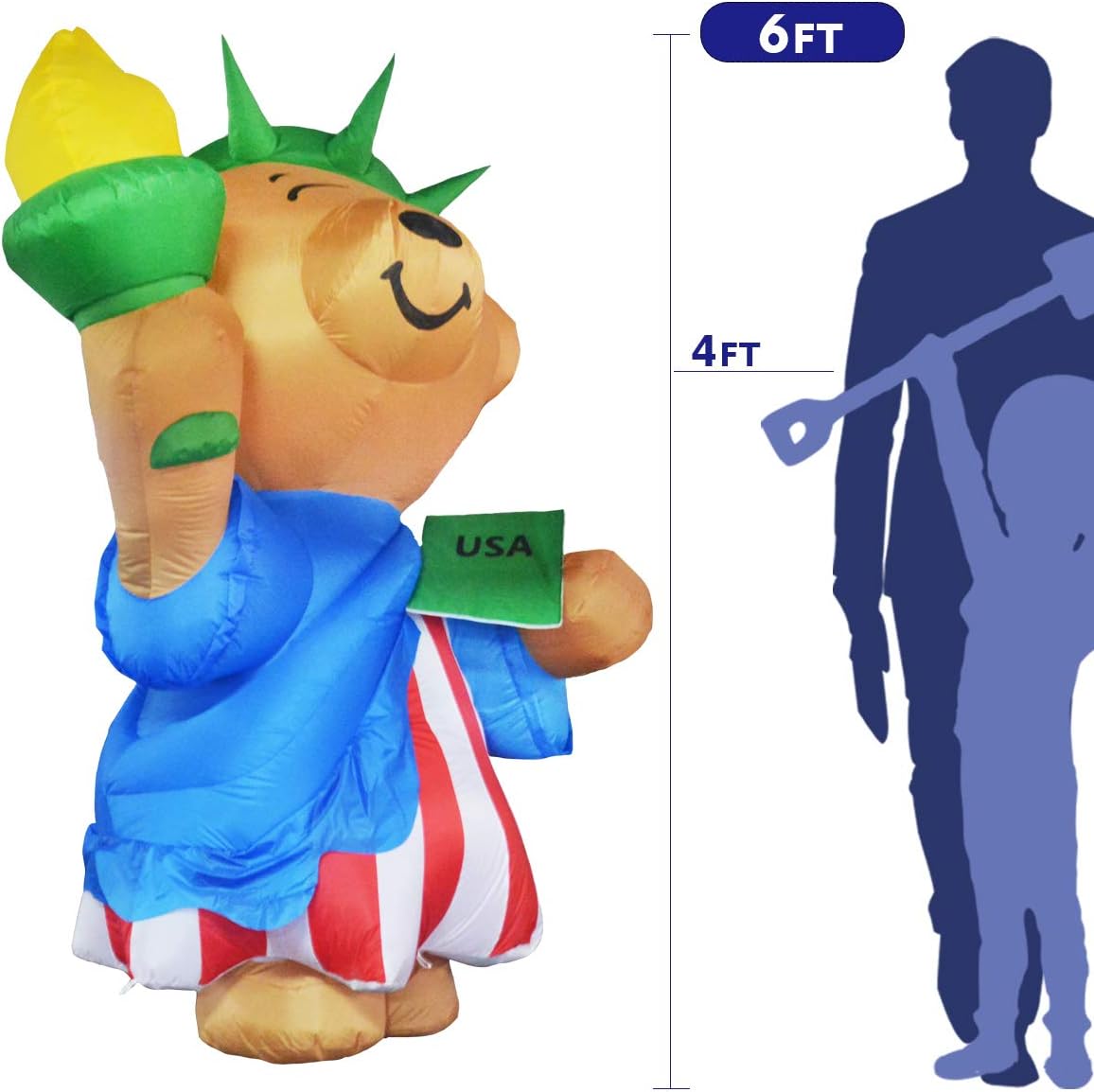 GOOSH 6 ft Tall Patriotic Independence Day Inflatable American Bear with Torch and USA Book Blowup Inflatables with Build-in LED Lights for Party Indoor,Outdoor,Yard,Garden,Lawn Decorations: Garden & Outdoor