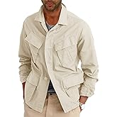 Runcati Mens Lightweight Safari Jacket Button Up Cotton Outdoor Military Cargo Long Sleeve Outwear