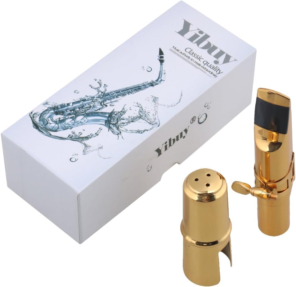 Yibuy Golden Copper Golden-plated 7# B-Flat Sax Mouthpiece with Square Ligature for Tenor Saxophone