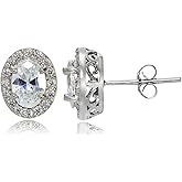 Sterling Silver Genuine, Created or Simulated Gemstone Oval Halo Stud Earrings