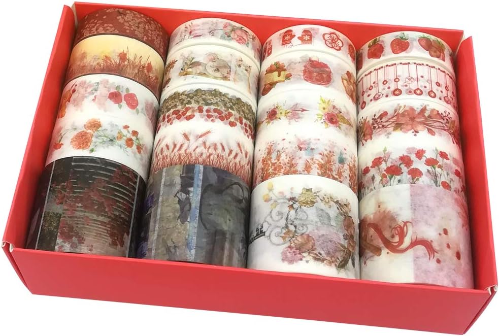 Vintage Red Washi Tape Set 20 Rolls Dreamcatcher Strawberry Kawaii Animal Food Cake Floral Flower Decoration Sticker DIY Label for Scrapbooking Art Project Letter Cards Planner Album