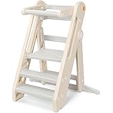 Onasti Toddler Tower Kitchen Stool Helper, Foldable & Adjustable Height Kids Learning Stool for Kitchen Counter Bathroom Sink, Child Ladder for Toddlers with Handles, Safty Rail, Non-Slip Pads-Grey