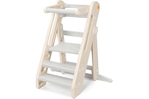 Onasti Toddler Tower Kitchen Stool Helper, Foldable & Adjustable Height Kids Learning Stool for Kitchen Counter Bathroom Sink, Child Ladder for Toddlers with Handles, Safty Rail, Non-Slip Pads-Grey