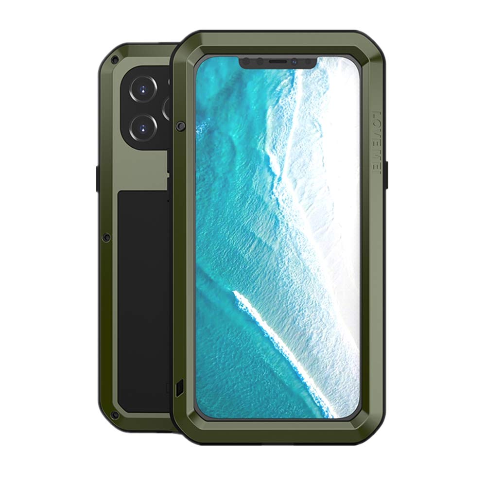 LOVE MEI for iPhone 12 Pro Max Case,Outdoor Sports Military Heavy Duty Tank Metal Cover Waterproof Shockproof Dustproof Full Body Protective Case with Built in Glass Tempered Screen Protector (Green)