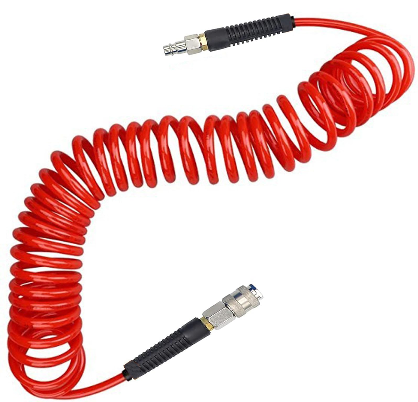 Air Compressor Hose，Air Line Hose, Pu Coiled 7.5m Long 6mm ID x 9.5mm OD with Bend Restrictor, 1/4" Europe Quick Coupler and Bend Restrictors