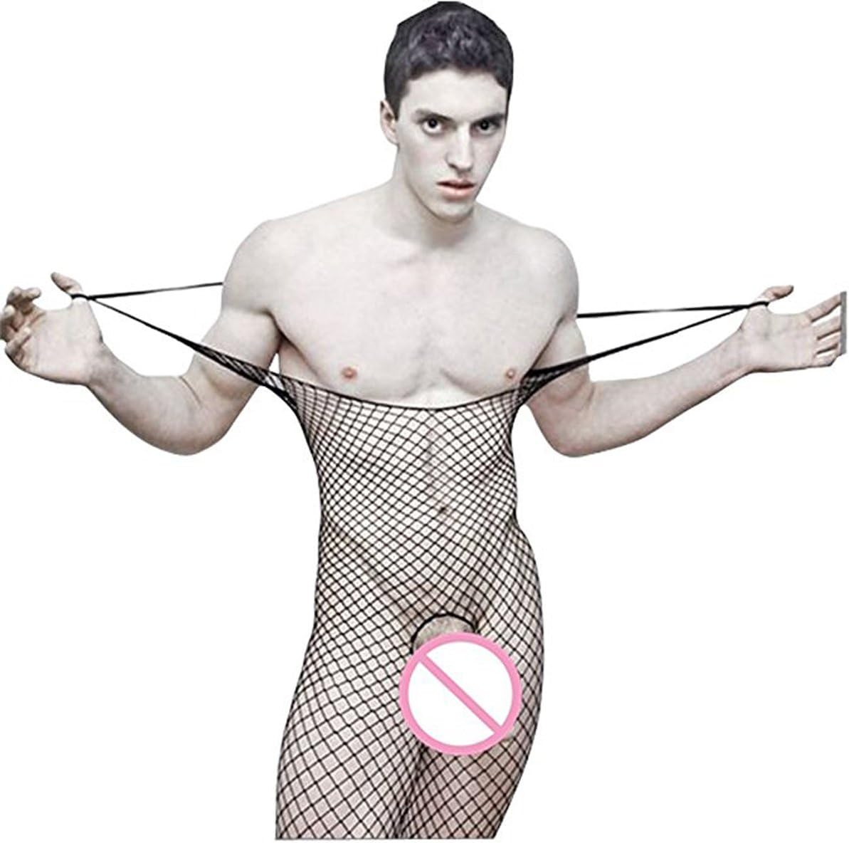HIMEALAVO Male Sexy Open Crotch Fishnet Body Black Stockings bodystocking men