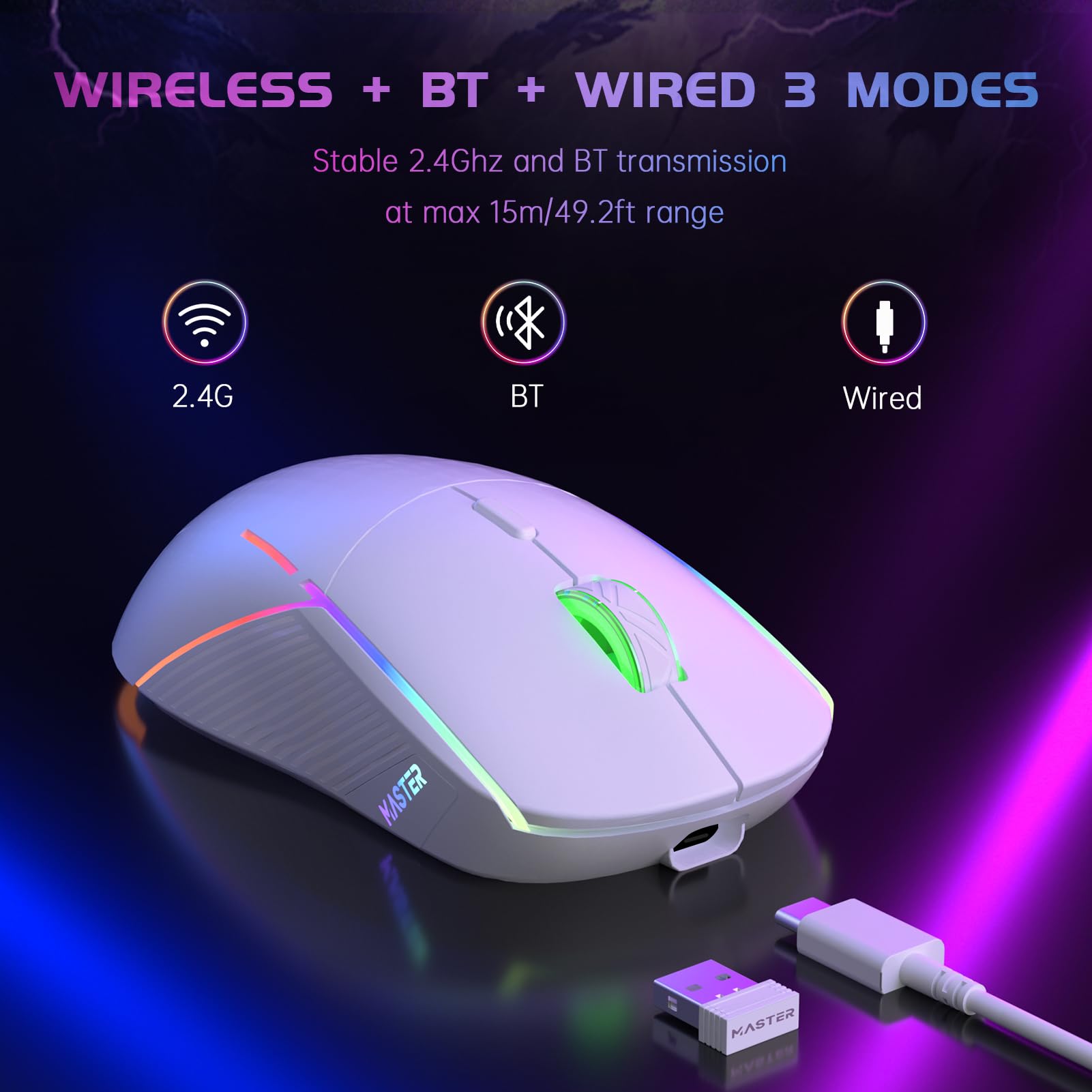FFJ Wireless Gaming Mouse, 24000 DPI, Tri-Mode 2.4G/USB-C/Bluetooth 5.3 Gaming Mouse Wireless, RGB Programmable Mouse Gamer, 75Hrs Battery Life, Rechargeable Gaming Mice for PC, Mac, PS5, Xbox - White