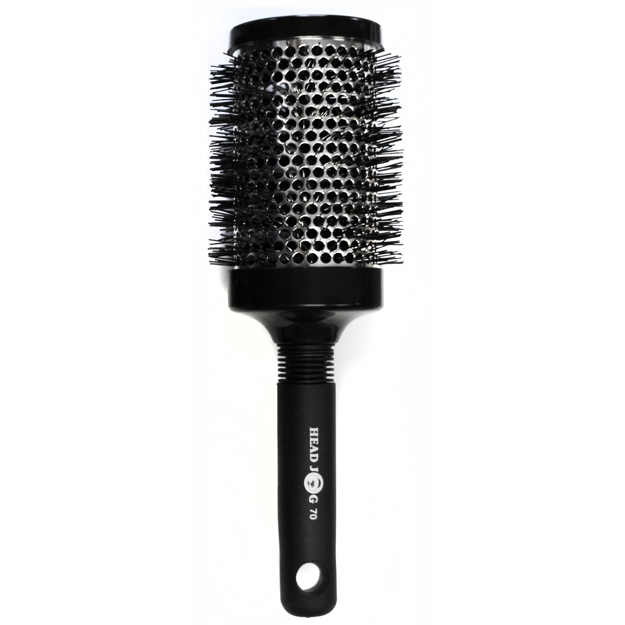 Head Jog Heat Retainer Hair Brush. Black & Silver Styling Round Hairbrush With Metal Barrel For Fast Drying. Round Vent Brush For Styling, Blow Drying, Straightening & Curling. (70mm)