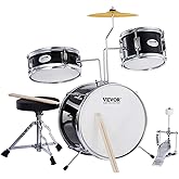 VEVOR Kids Drum Set, 14 in 3-Piece Beginner Drum Set Junior Drum Set with Adjustable Throne, Two Pairs of Drumsticks, Cymbal, Pedal，Tom Snare Bass, Starter Drum Kit for Children, Black