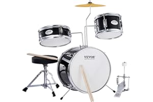 VEVOR Drum Set for Kids, Beginner Junior Drum Kit with Adjustable Throne, Sticks, Cymbal, Pedal, Tom Snare Bass, Starter Drumset for Children (Black, 3-Piece, 14 in)