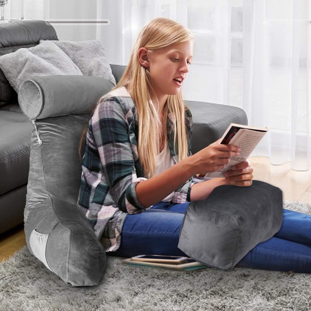 ACWARM HOME Reading Pillow, Bed Rest Pillow with Shredded Memory Foam, Support Arms, Headrest, Leg Pillow - Perfect Back Support for Reading, Relaxing for Kids & Adults (Grey): Home & Kitchen