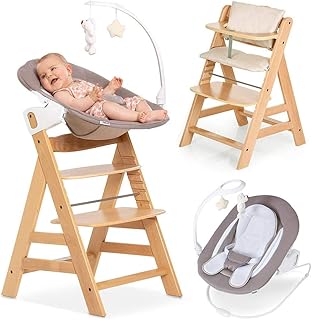 Hauck Alpha Plus Natur Newborn Set Deluxe - Baby Holz Hochstuhl ab Geburt mit Liegefunktion - inkl. Aufsatz für Neugeborene &amp; Sitzpolster - mitwachsend, verstellbar