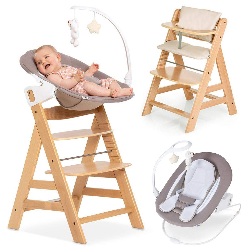 Hauck Alpha Plus Natur Newborn Set Deluxe - Baby Holz Hochstuhl ab Geburt mit Liegefunktion - inkl. Aufsatz für Neugeborene &amp; Sitzpolster - mitwachsend, verstellbar