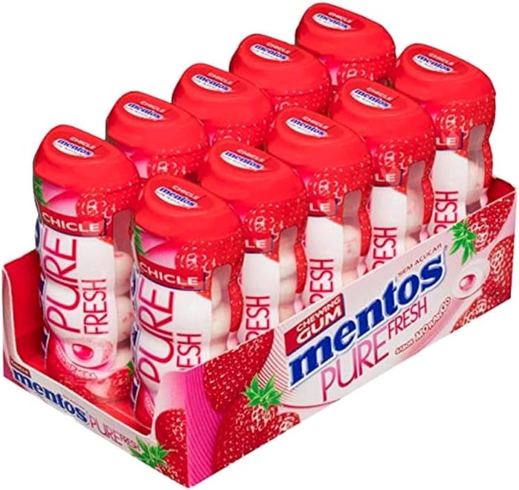 Pure Fresh Kaugummi | Zuckerfrei | Erdbeere | 10 Dosen (je 15 Dragees) | 150 Stück