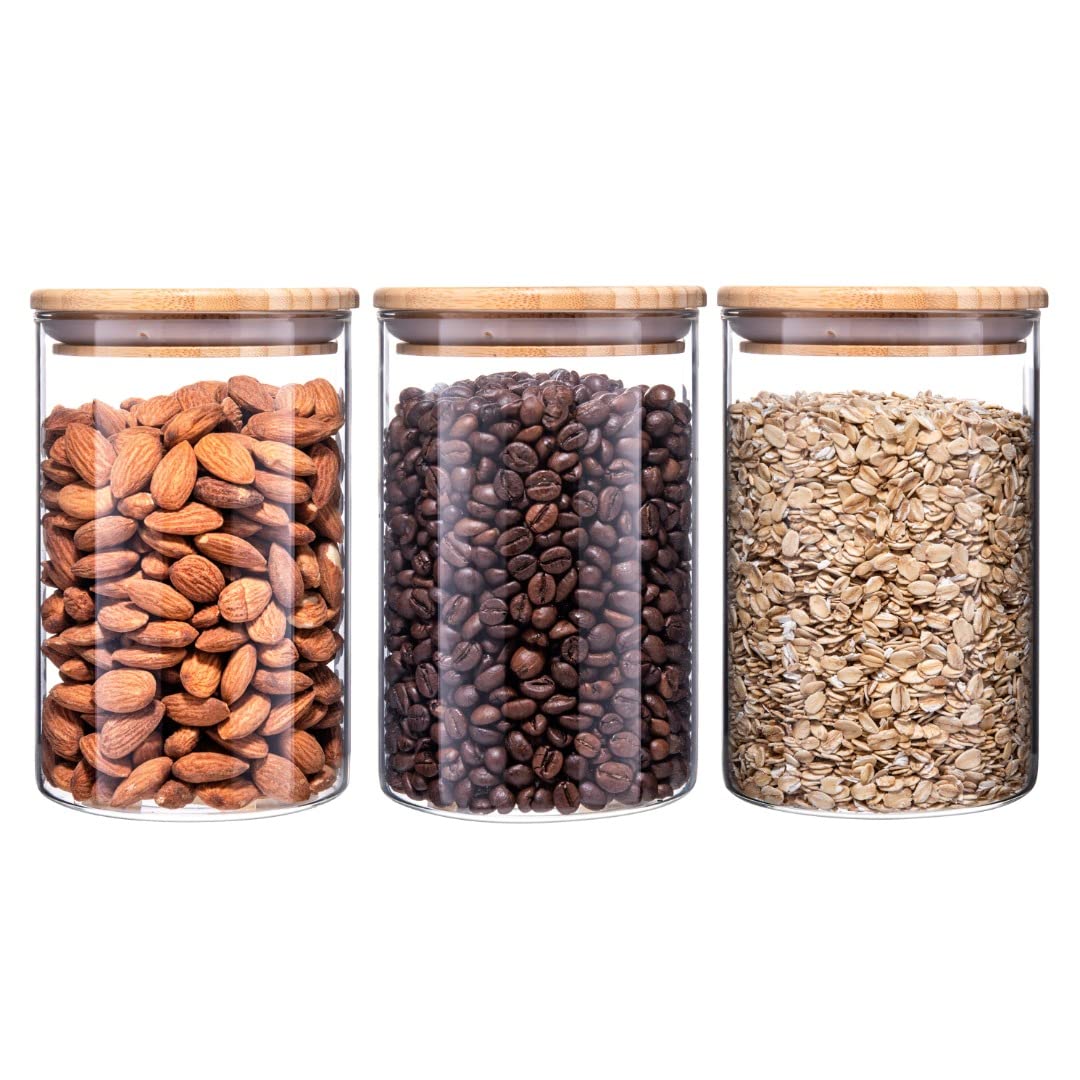 Igluu Meal Prep Glass Storage Jars with Bamboo Lids and Silicone Seal (Set of 3) – Airtight & BPA-Free – Ideal for Kitchen Storage – 900ml – Durable Borosilicate Glass