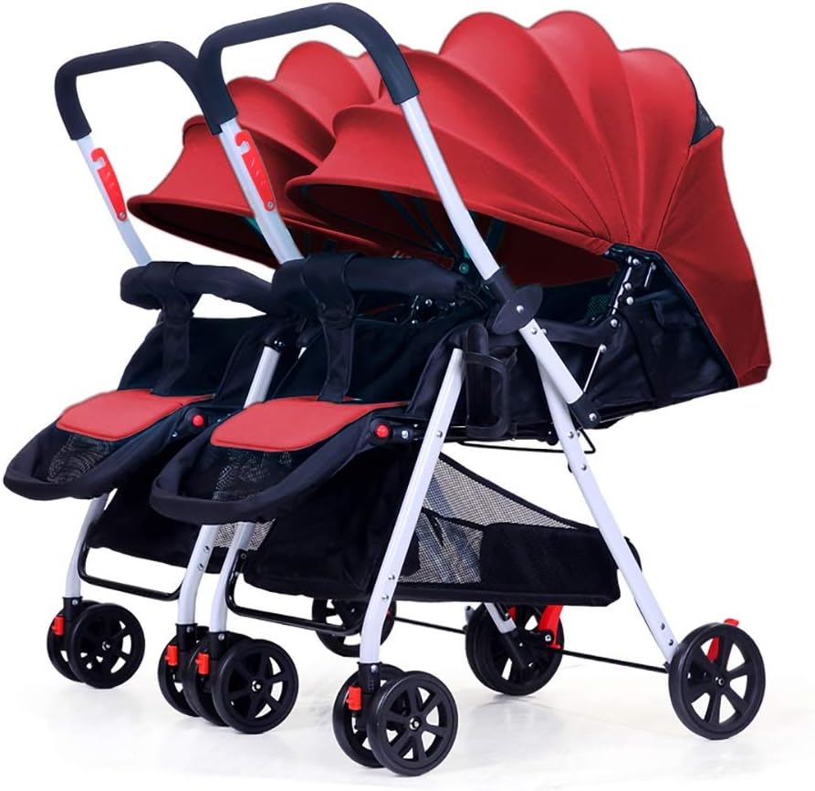 Twin Baby Stroller, Detachable Can Sit and Lie Down Child Lightweight Folding Double Trolley Baby Carriage -by Virtpers (Color : Red)