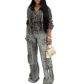 Tbahhir Womens 2 Piece Sets Denim Outfits Long Sleeve Crop Jean Jackets Cargo Pants with Pockets Y2k