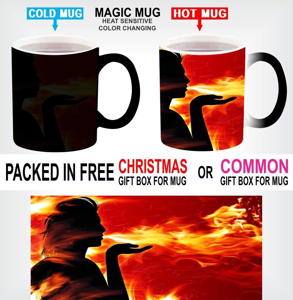 Magic Colour Changing Heat Sensitive Black Coffee Mug Fire Pattern Girl For Christmas Gift With Gift Box Options K5 With Christmas Gift Box