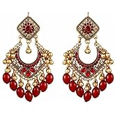 Bollywood Jhumka Earrings for Women Vintage Gold-Tone Plated Chandelier Drop Earring Hook Cubic Zirconia Beaded Design Dangle Tassel Statement Boho Indian Jewelry for Festival Wedding Holiday