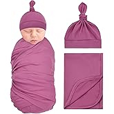 Dizila 2pcs Soft Stretchy Nursery Baby Girl Boy Newborn Receiving Swaddle Blanket with Matching Turban Hat Beanie (Fuchsia)