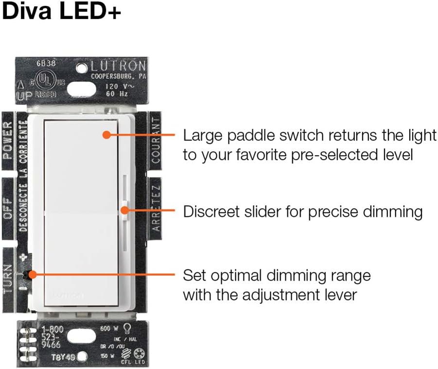 Lutron Diva LED+ Dimmer for Dimmable LED, Halogen and Incandescent Bulbs with Wallplate | Single-Pole or 3-Way | DVWCL-153PH-WH | White - Dimmer Switches - 