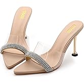 AZAGNEEM Women'S Rhinestone Strappy Pointed Toe Stiletto Slides Sandals Sexy Clear Strap Comfortable Open Toe Slip On High Heels Mules Sandals for Wedding Party Date Dress Shoes