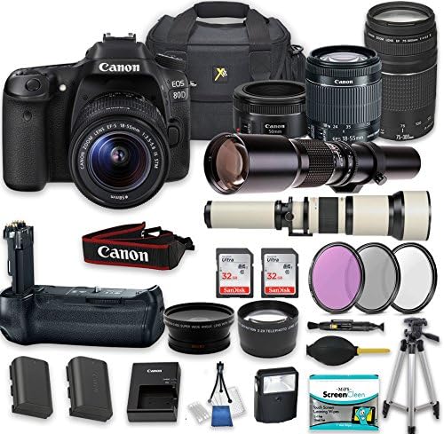 Canon EOS 80D DSLR Camera Bundle with 5 High Caliber Lenses + Battery Grip + HD Filter Set + 2x 32GB Memory Cards + 2x Auxiliary Lenses + Camera Starter Kit with Accessories