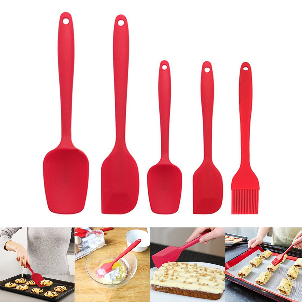MZCH Nonstick Silicone Spatula Set, Rubber Spatulas Baking Spoon Basting Brush with Comfortable Wide Handle, Heat-Resistant Cooking Utensil Sets, Red, Set of 5 pieces