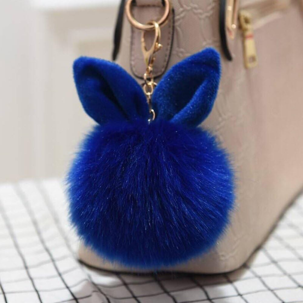Yeooyoor12 cm Rabbit Ears Fur Ball Bag Charms with Golden Keyring Pom Pom, Fluffy Fur Ball Keychain for Car Keyring, Charm Gift