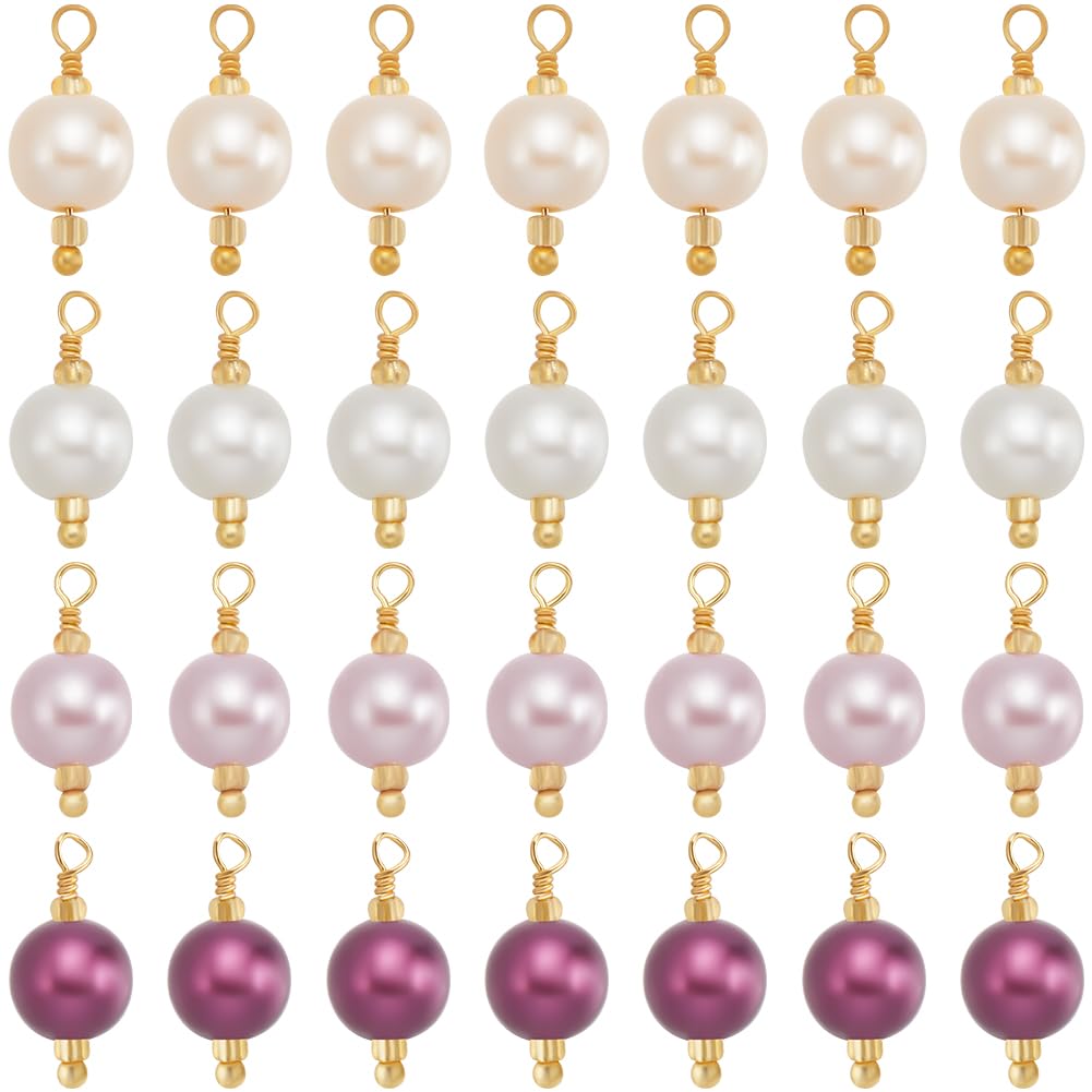 Beebeecraft 1 Box 48Pcs Pearl Bead Charms ABS Plastic Pearl Link Connectors with 18K Gold Plated Rack Plating Findings Round Dangle Imitation Pearl Charm Pendant for Jewelry Making DIY Crafts