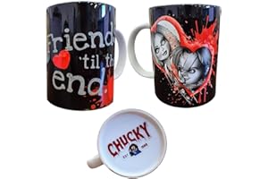 Handmade Black Horror Mug – 15oz Friends 'Til The End Tiffany & Chucky Design – Blood Splatter Mug with Matching Coaster – Ca