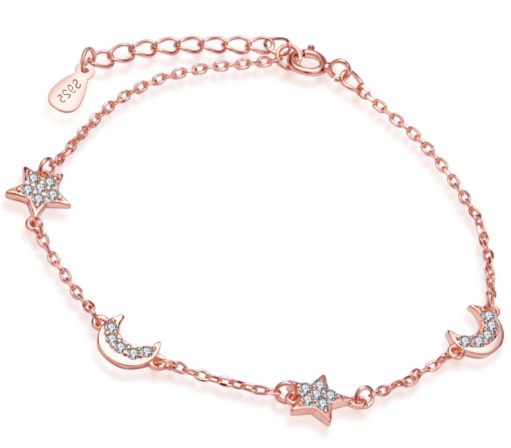 Yumilok 925 Sterling Silver Cubic Zirconia Rose Gold Plated Women Charm Bracelet Bling Stars Moons Link Bracelet Hand Chain with Extension
