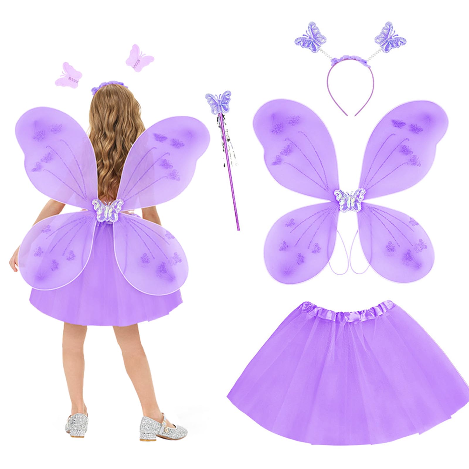 AYBUY Kids Fairy Wings Costume - Butterfly Wings, Mesh Tutu, Magic Wand & Headband, Purple Princess Skirt Set, Dressing Up Costume for Girls