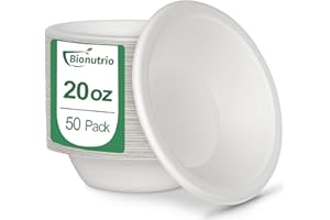 BIONUTRIO 20oz Paper Bowls Disposable, 50 Pack Disposable Heavy Duty Bowls for Hot Soup, Salad, Ice Cream, Hot and Cold Food, Compostable Paper Bowls, Biodegradable White Bagasse Bowls