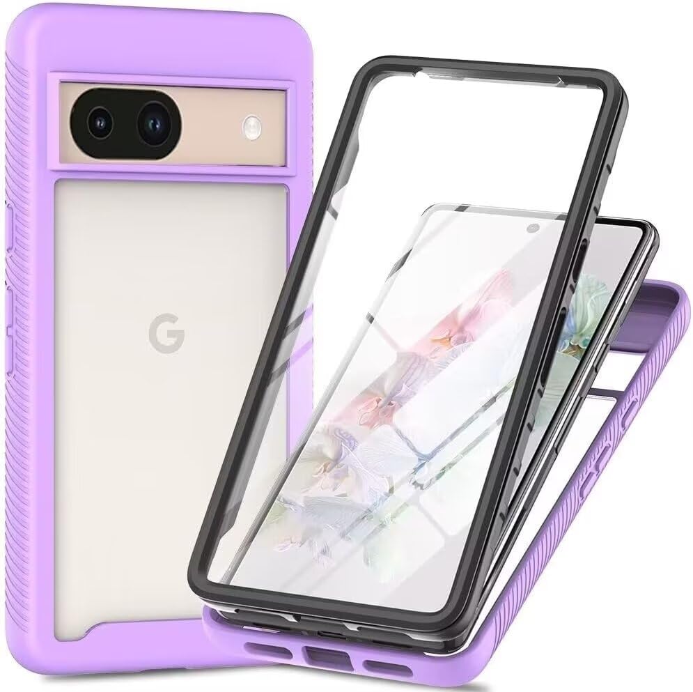 Lvnarery For Google Pixel 8A Case Built-in Screen Protector Military Grade Shockproof Clear Cover 360 Degree Full Body Protective Rugged Bumper Phone Case for Google Pixel 8A Light Purple