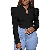 LYANER Women's Collar V Neck Button Down Split Hem Puff Long Sleeve Shirt Blouse Top