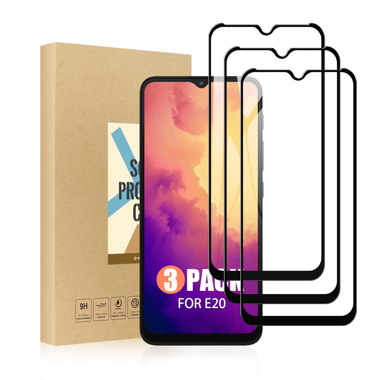 SCL Screen Protector Compatible with Moto E20 Screen Protector Motorola E20 Tempered Glass Film [3-Pack], [Full Coverage, Easy Installation, Bubble-free, 9H Hardness]