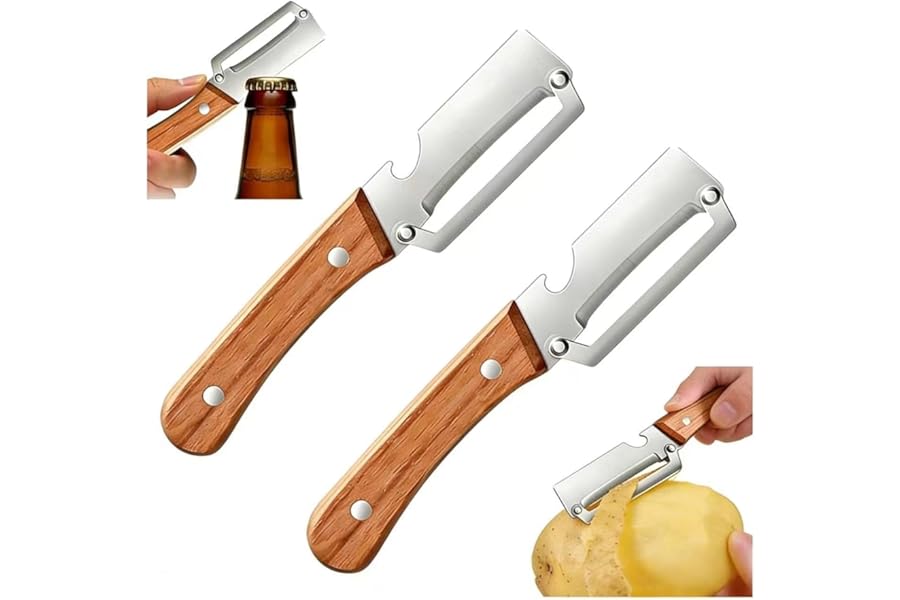 Premium Vegetable Peeler with Wooden Handle and Bottle Opener: 2-in-1 Stainless Steel Kitchen Tool for Fruit Apple Potato Pumpkin Papaya (2 PCS)