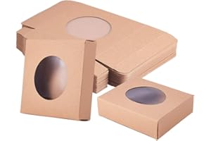 BENECREAT 24 Packs Brown Kraft Square Paper Boxes Gift Wrapping Box with Round Clear Window 4x4x0.9 for Party Favor Treats, Jewelry, Gift Packaging