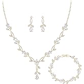 Crysdue Wedding Jewelry Set for Brides Bridesmaid, Cubic Zirconia Teardrop Marquise Leaf Cluster Pendant Necklace Bridal Tennis Bracelet Drop Earrings for Women Party Prom
